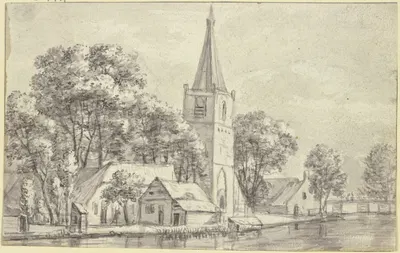 Dorfkirche unter Bäumen am Kanal by Ян Ван Кессель Старший — digital art print download