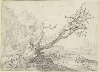 Alter dürrer Baum querüber nach rechts hängend, im Hintergrund eine Flußgegend mit mehreren Figuren by Ян Вейникс — digital…