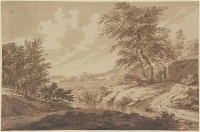 Landschaft mit einem Fluss, rechts ein Felsstück unter Bäumen, dabei ein Mann mit einem Knaben, der eine Lanze hält by Ян…