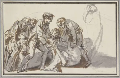 Figurengruppe mit zwei Männern, die einer am Boden liegenden toten Hirschkuh die Hufe zusammenzubinden versuchen by…