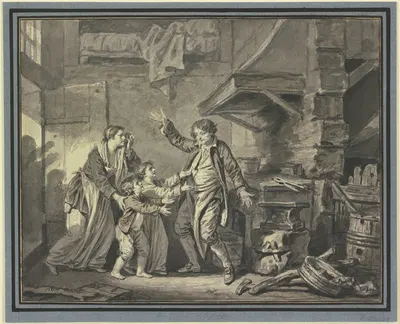 In einer Schmiede fleht ein Weib mit zwei Kindern einen Mann an by Жан-Батист Грёз — digital art print download