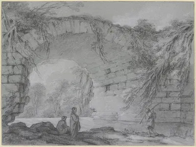 Unter dem Bogen einer antiken Steinbrücke bei Tusculum by Жан-Батист Лё Пренс, 1762 — digital art print download