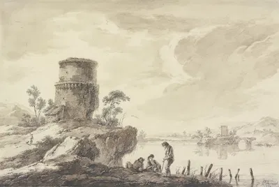 Flußgegend, im Vordergrund ein runder, im Mittelgrund auf einer Insel ein viereckiger Turm, mit Ruinen einer Brücke by…