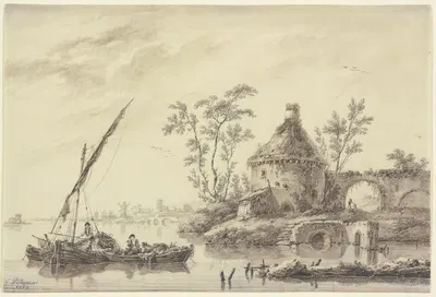 Flache Küstenlandschaft mit einem alten Turm und Windmühle by Жан-Батист Пилеман, 1769 — digital art print download