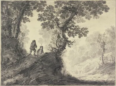 Waldlandschaft, links auf einer Anhöhe zwei Wanderer by Жан-Батист Пилеман — digital art print download