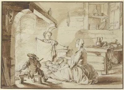 Kücheninterieur mit Mutter und drei Kindern by Жан-Мишель Моро — digital art print download