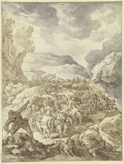 Ein großer Zug von Männern zu Fuß und zu Pferde durch eine Felsschlucht by Johann Albrecht Dietzsch — digital art print…