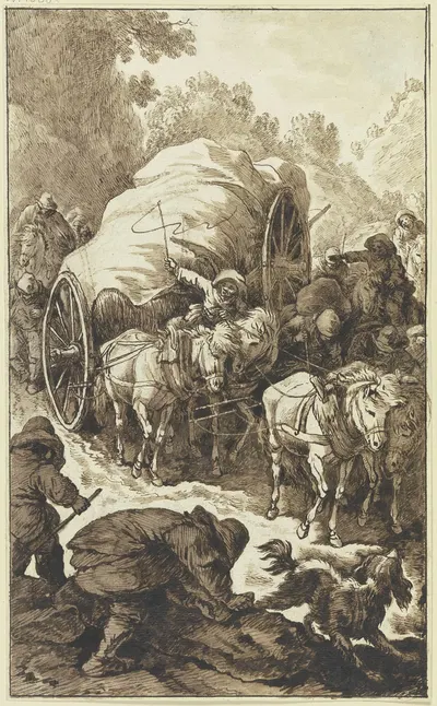 Ein hochbepackter, von vier Pferden gezogener Wagen kommt einen Gebirgsweg herab by Johann Albrecht Dietzsch — digital art…