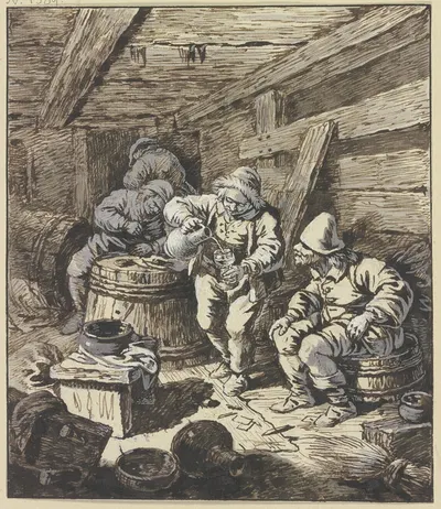 In einem niedrigen, holzverkleideten Raum mit Fässern sitzt rechts ein Bauer, nach seinem Kumpan schauend, der Wein…