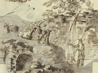 Ein Hirte mit drei Ziegen, Wasser schöpfend by Johann Andreas Herrlein — digital art print download