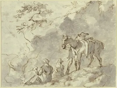 Felshang, davor ein Pferd, dem ein Reiter aufsitzen will, am Boden zwei sitzende Figuren by Иоганн Андреас Херрлейн —…