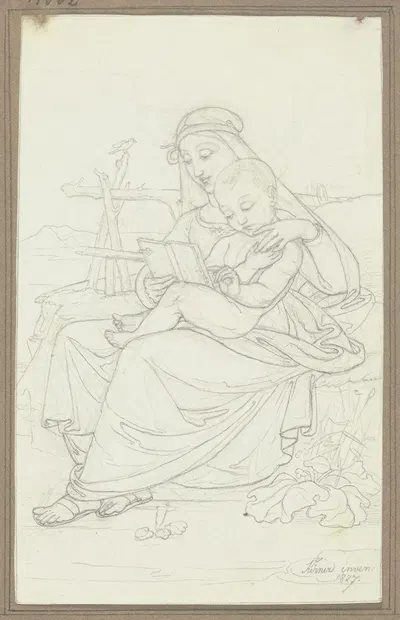 Maria auf einer Rasenbank, mit dem Jesuskind lesend by Иоганн Баптист Кирнер, 1827 — digital art print download