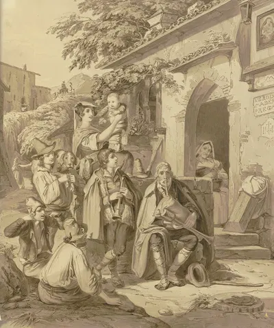 Straßenmusikanten und Zuhörer by Иоганн Баптист Кирнер — digital art print download