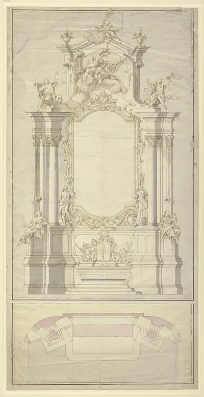 Altarentwurf; Rechts und links von der Rahmung für das Altarblatt stehen die beiden Johannes, zu Füßen der Säulen rechts…