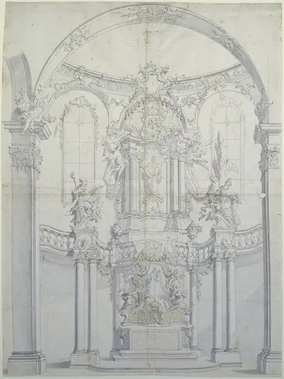 Altarentwurf hinter Säulenbogen (Hochaltar in Andechs) by Johann Baptist Zimmermann — digital art print download