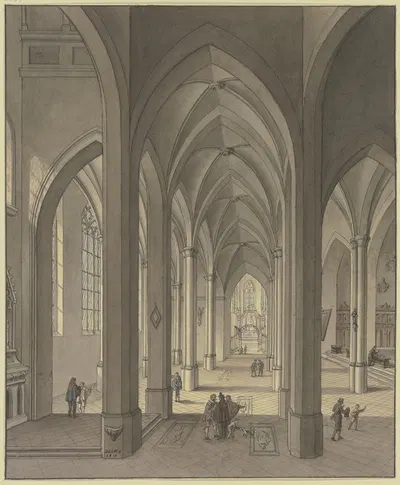 Blick in den Chor einer dreischiffigen gotischen Hallenkirche mit Staffagefiguren in der Tracht des 17. Jahrhunderts by…
