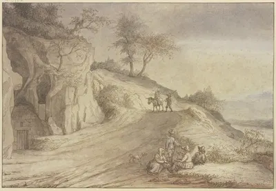 Weg über einen Hügel mit einem Mann zu Fuß und einer Frau auf einem Esel, vorne eine lagernde Gruppe von vier Figuren by…
