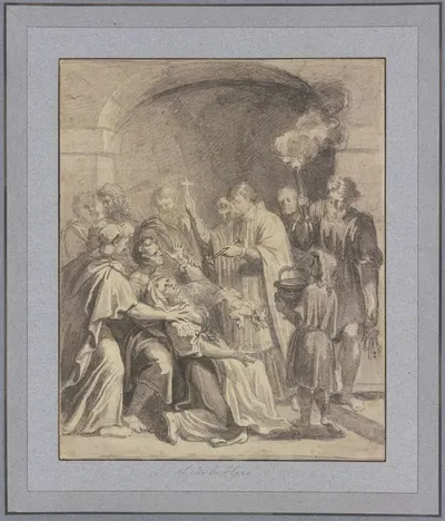 Ein Geistlicher treibt einer Frau den Teufel aus by Laurent de la Hyre — digital art print download
