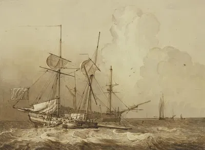 Bewegte See, ein zweimastiges Schiff segelt nach rechts an einem Dreimaster vorbei, der die Segel eingerefft hat by Лендарт…
