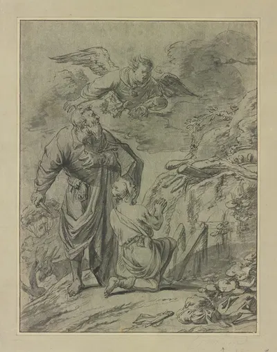 Abraham im Begriff seinen Sohn Isaak zu opfern, erblickt den Engel by Леонар Брамер — digital art print download