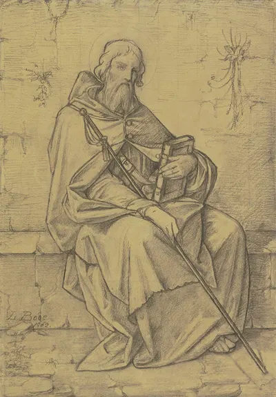 Der Heilige Thomas von Aquin in ganzer Figur an alten Gemäuern sitzend by Леопольд Боде, 1862 — digital art print download