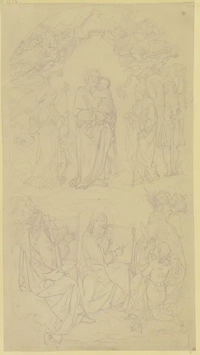 Joseph mit dem Jesuskind auf dem Arm, von musizierenden und ihn krönenden Engeln umgeben, unten König David und Abraham mit…