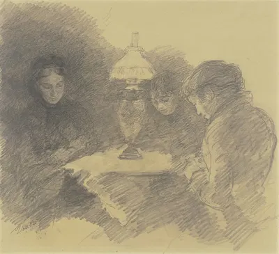 Drei Frauen unter einer Tischlampe by Louis Eysen, 1882 — digital art print download
