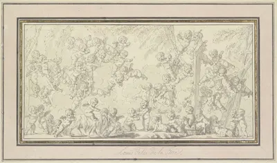 Dutzende Amoretten umwimmeln eine überlängte Panherme by Louis-Felix de La Rue — digital art print download