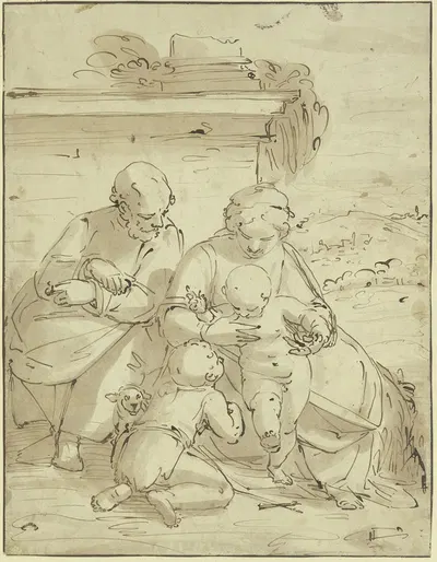 Die Heilige Familie mit dem Johannesknaben vor einer Mauer mit Säulenfuß by Luca Cambiaso — digital art print download