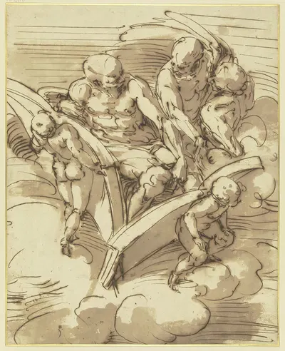 Drei in der Luft schwebende Propheten, zwei Engel tragen große Bücher by Luca Cambiaso — digital art print download