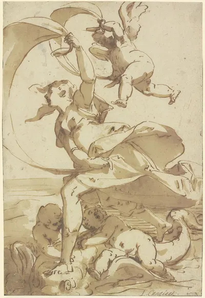Eine Frau segelt auf einem Meerwesen mit Amoretten übers Wasser by Luca Cambiaso — digital art print download