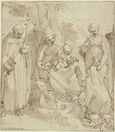 Madonna unter einem Baum zwischen zwei Heiligen, eine kniende Nonne hält dem Jesuskind ein Herz entgegen by Luca Cambiaso —…