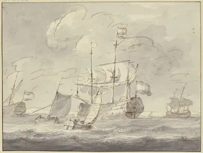 Bewegte See, drei große Schiffe und zwei Boote nach rechts segelnd by Людольф Бахуизен — digital art print download