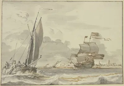 Bewegte See, nach rechts segelndes Schiff, links eine Barke mit vier Mann, im Hintergrund eine Stadt by Людольф Бахуизен —…