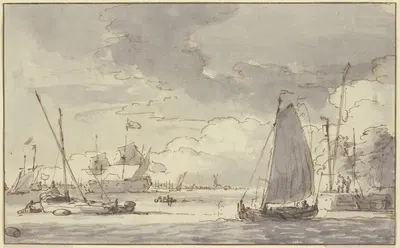 Marine, eine Barke segelt dem Ufer zu by Людольф Бахуизен — digital art print download