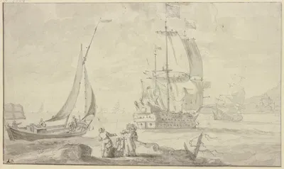 Nah am Strand ein großes Schiff, links am Strand ein absegelndes Boot by Людольф Бахуизен — digital art print download