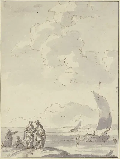 Strand, vorne links ein Herr und eine Dame, daneben drei andere Figuren, rechts drei Segelboote by Людольф Бахуизен —…