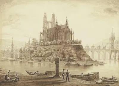 Gotischer Dom, von einem Fluß umgeben, in einer Stadt by Людвиг Даниэль Филипп Шмидт, 1835 — digital art print download