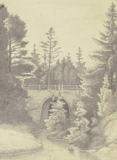 Brücke über einem Bach im Wald by Ludwig Hoffstadt — digital art print download