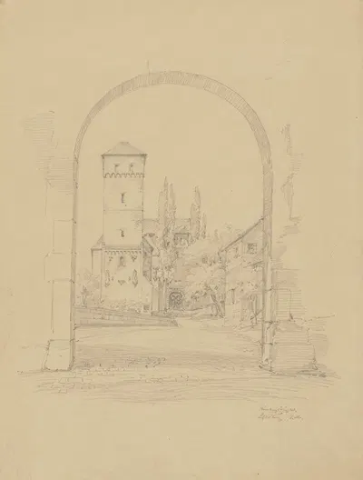 Blick durch einen Torbogen auf den Heidenturm der Nürnberger Burg by Ludwig Metz, 1848 — digital art print download