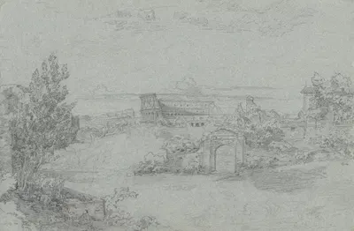 Landschaft mit Gebäuden und Ruinen, darunter der eines Amphitheaters by Ludwig Metz — digital art print download