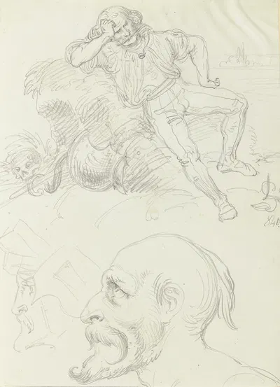 Studienblatt; grübelnder Mann und zwei Profilköpfe by Ludwig Michael Schwanthaler — digital art print download