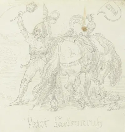 'Valet Karlsunruhe', Ritter mit seinem Pferd zurückweichend by Ludwig Michael Schwanthaler — digital art print download