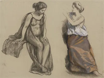 Studienblatt; Zwei Frauen, sitzend, in unterschiedlicher Bekleidung by Людвиг фон Хофман — digital art print download