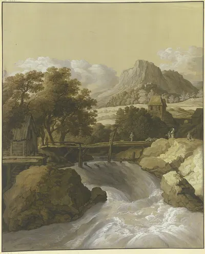 Ein reißender Bach mit einer Brücke und Blick in ein Tal by Maria Katharina Prestel — digital art print download