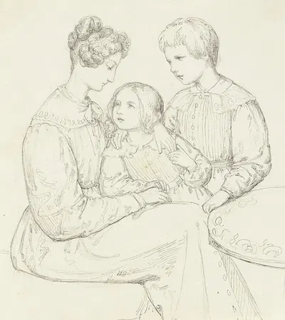 Familienbild; Sitzende Mutter mit Sohn und Tochter by Мари Элленридер — digital art print download