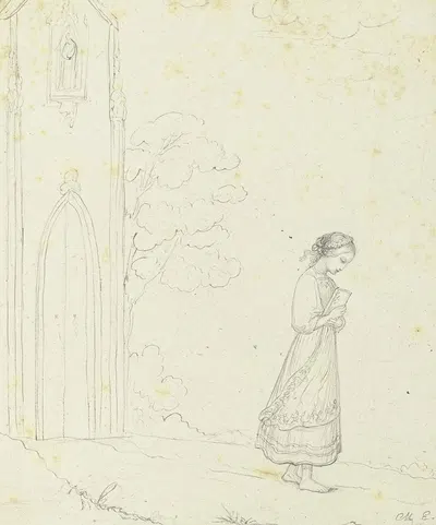 Junges Mädchen auf dem Heimweg von der Kirche by Мари Элленридер — digital art print download