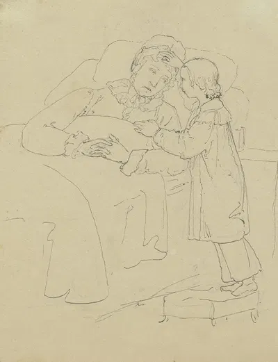 Mutter im Bett liegend, mit dem vor ihr stehenden Kind sprechend by Мари Элленридер — digital art print download