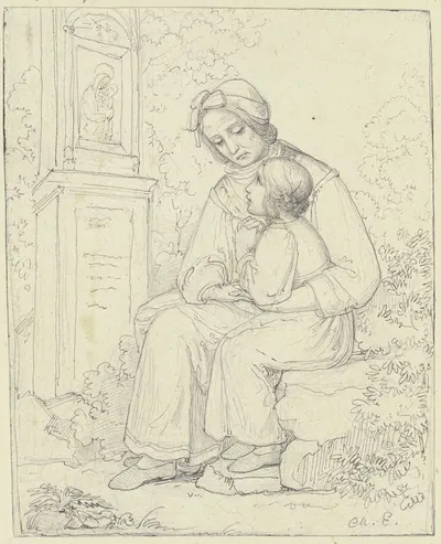 Mutter mit betendem Kind vor einem Bildstock mit einem Madonnenbild by Мари Элленридер — digital art print download
