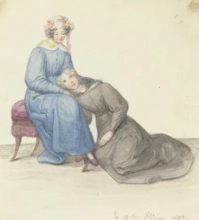 Sitzende Mutter, an ihren Schoß gelehnt ein junges Mädchen by Мари Элленридер, 1827 — digital art print download